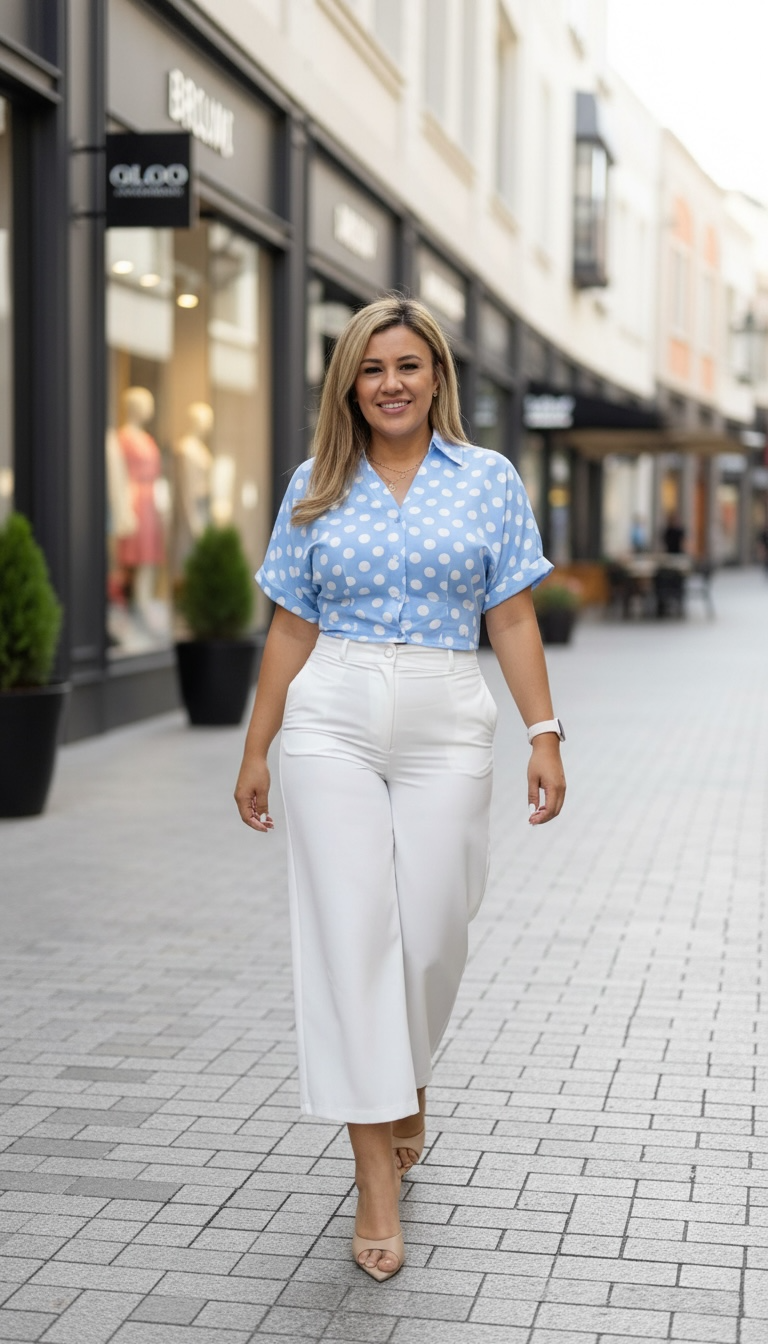 Camisa de Manga Corta Celeste Estampado Lunares Blancos